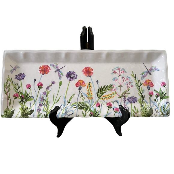 Farmhouse Spring Floral Dragonflies Thick Heavy Duty 19" Rectangle Melamine Tray - Picture 1 of 6